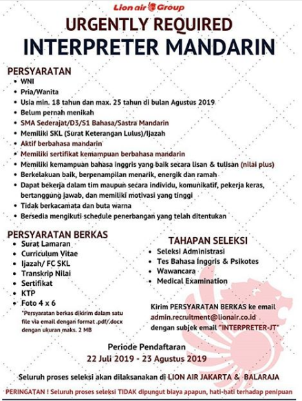 Lowongan Kerja Lion Air Group Deadline 23 Agustus 2019