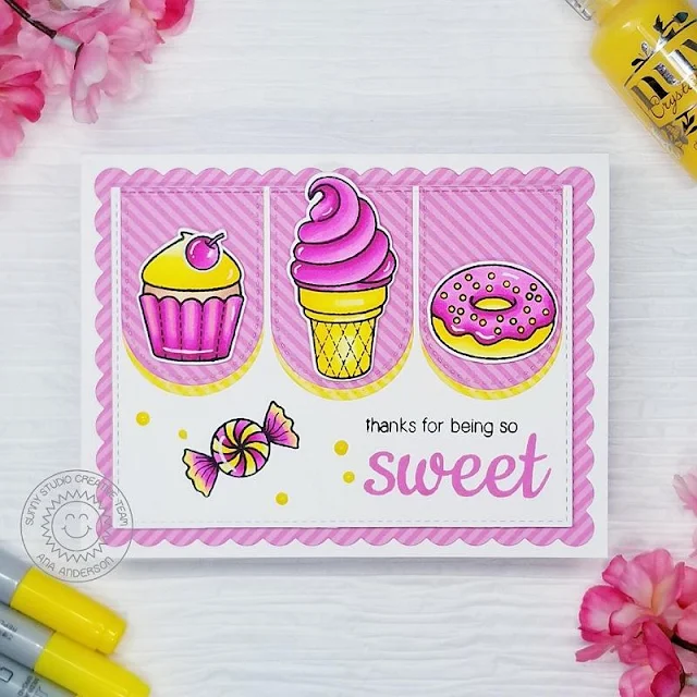 Sunny Studio Stamps: Stitched Arch Dies Sweet Shoppe Frilly Frame Dies Everyday Card by Ana Anderson