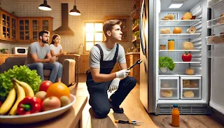 Técnico consertando uma geladeira em uma cozinha e um casal olhando.