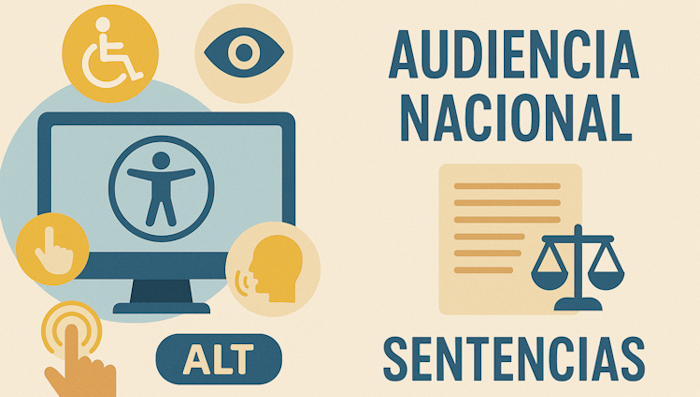 Ilustración que mezcla símbolos relacionados con la accesibilidad y relacionados con el ámbito legal