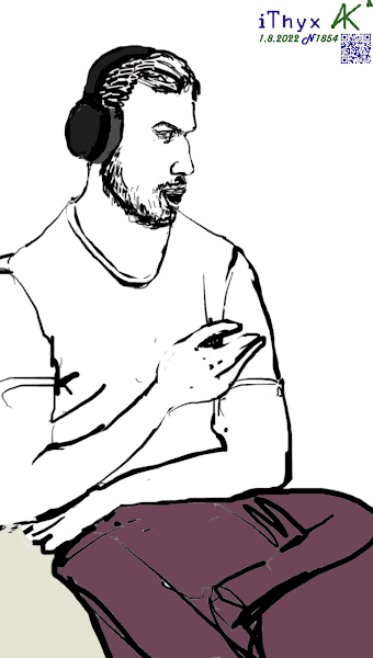 Зевающий бородатый мужчина, в наушниках, с рюкзаком на коленях. Автор рисунка художник #iThyx