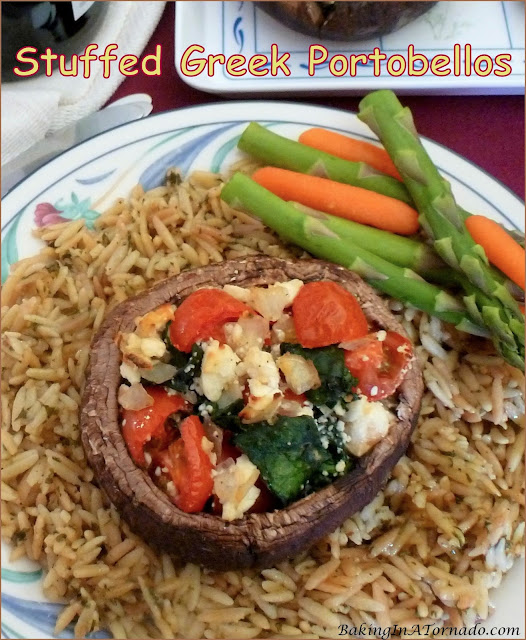 Stuffed Greek Portobellos, a hearty meatless meal that comes together in just ½ hour. | recipe developed by www.BakingInATornado.com | #recipe #dinner