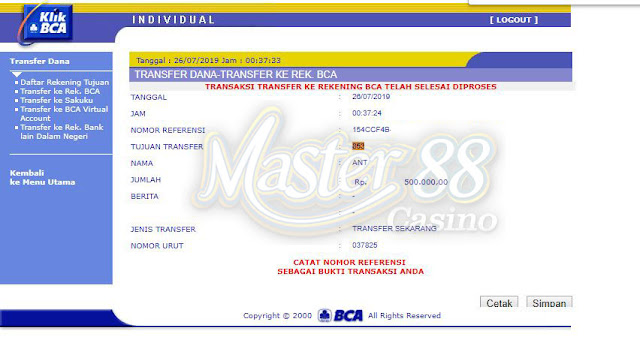 Bukti Transfer MasterCasino88 Rp 69.500.000