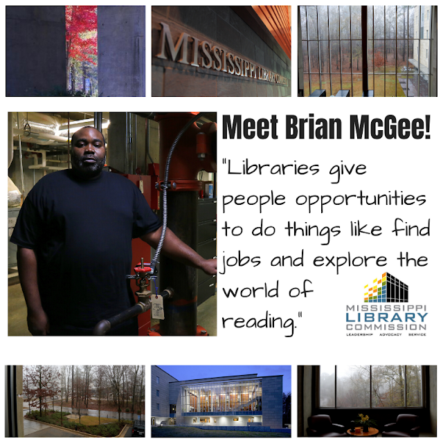 center left an african american man stands next to some sort of equipment center right text says meet brian mcgee Libraries give people opportunities to do things like find jobs and explore the world of reading 3 small pictures of MLC grounds are at top and bottom