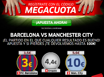marca apuestas megacuota mas bono 150 euros champions Barcelona vs Manchester City 18 marzo