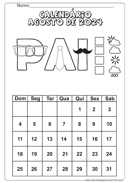 calendário agosto de 2024 para imprimir e colorir