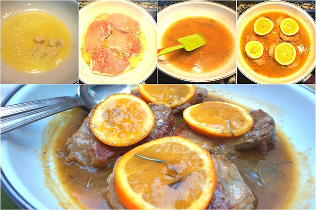 Chuletas de cerdo en salsa de naranja.