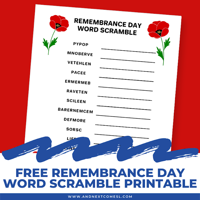 Free printable Remembrance Day word scramble game for kids - includes answers!