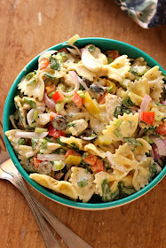 chicken pasta salad, creamy mayo dressing