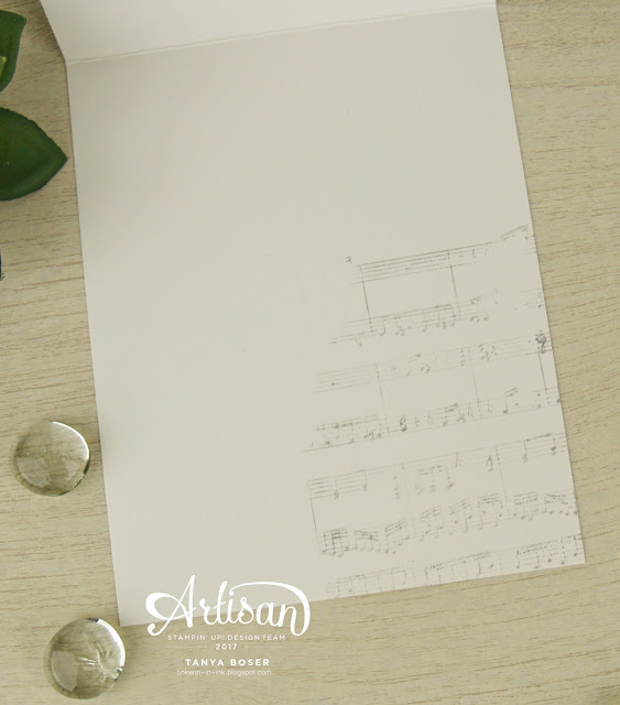 Stampin' Up! Sheet Music background stamp creates a subtle detail to the inside of this card. 