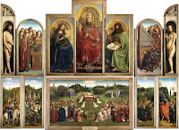 Dutch masters Hubert and Jan van Eyck's Ghent Altarpiece, related to Delacroix's Greece on the Ruins of Missolonghi painting