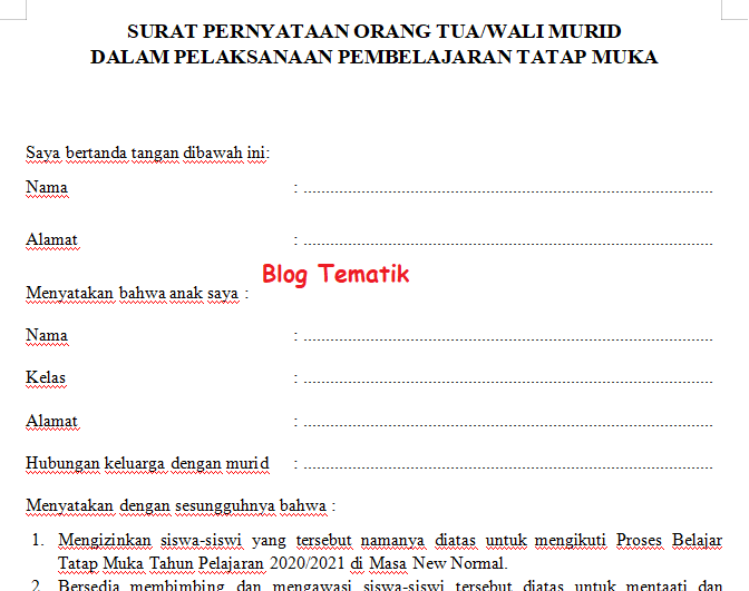 Contoh Surat Pernyataan Orang Tua Wali Murid Dalam Pelaksanaan Pembelajaran Tatap Muka Di Masa Covid 19 Blog Tematik Dia beralasan masa depan Indonesia sangat bergantung pada sumber daya manusia.