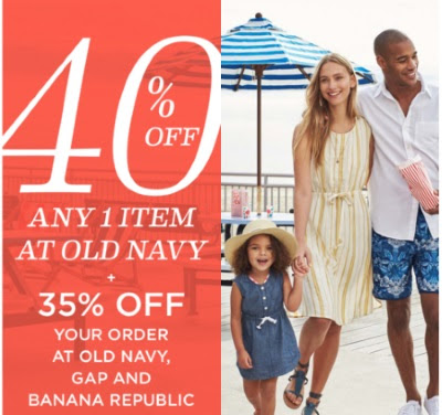 Old Navy 40% Off One Item + 35% Off Old Navy, Gap & Banana Republic Orders Promo Code