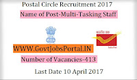 Postal Circle Recruitment 2017– 413 Multi-Tasking Staff