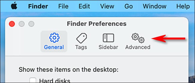 في تفضيلات Finder ، انقر فوق "متقدم".