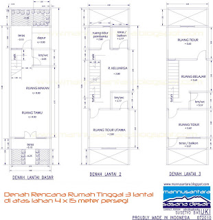 Desain Rumah Tinggal 3 Lantai di atas lahan 4 x 15 meter persegi