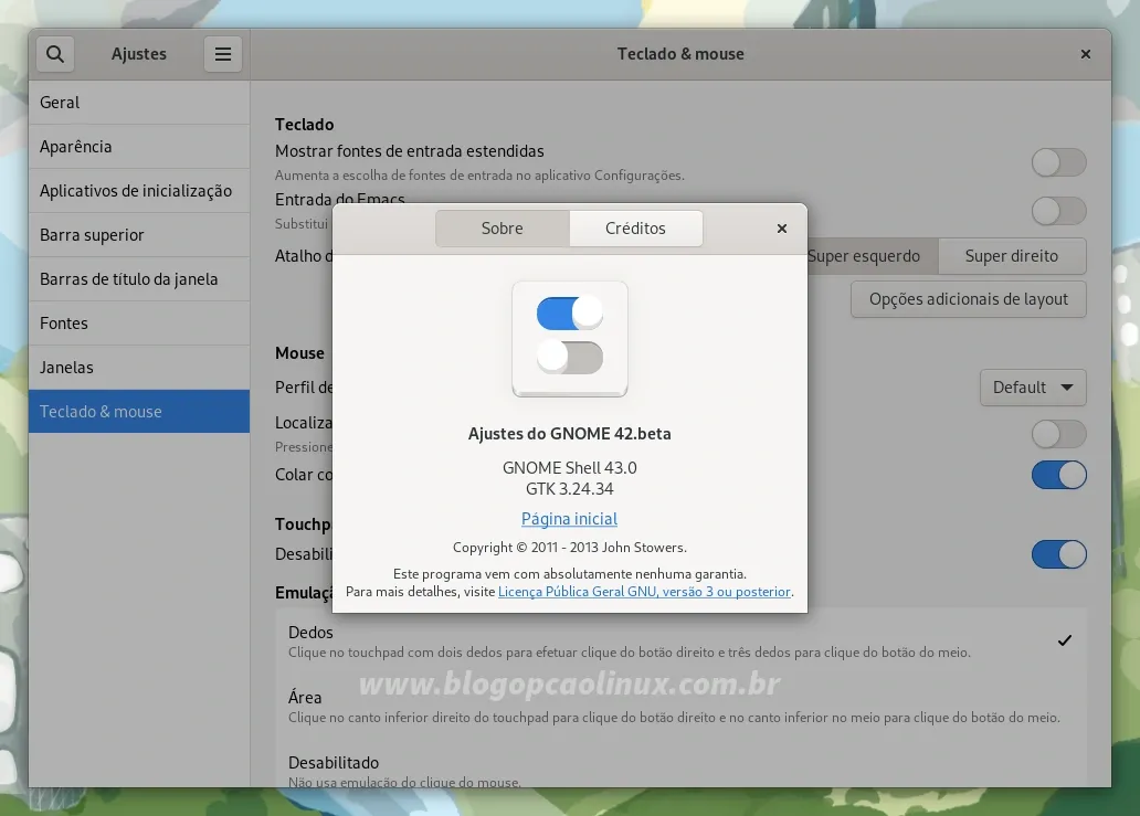 GNOME Tweaks executando no Fedora 37 Workstation