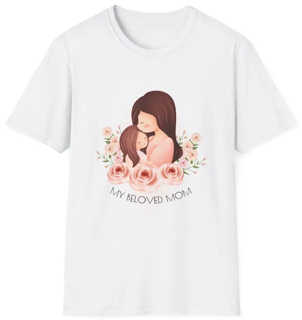 Unisex Softstyle Mother's Day T-Shirt With Mother Kissing the Head of Her Baby Girl Both Surrounded by Flowers and Caption My Beloved Mom