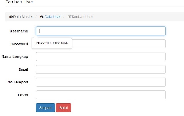 Merubah Pesan Validasi please fill out this field dengan bahasa kita bootstrap