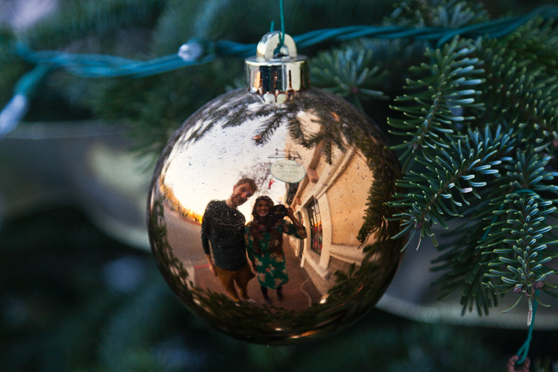 The Danish-inspired town of Solvang, California, reflected in a Christmas ornament