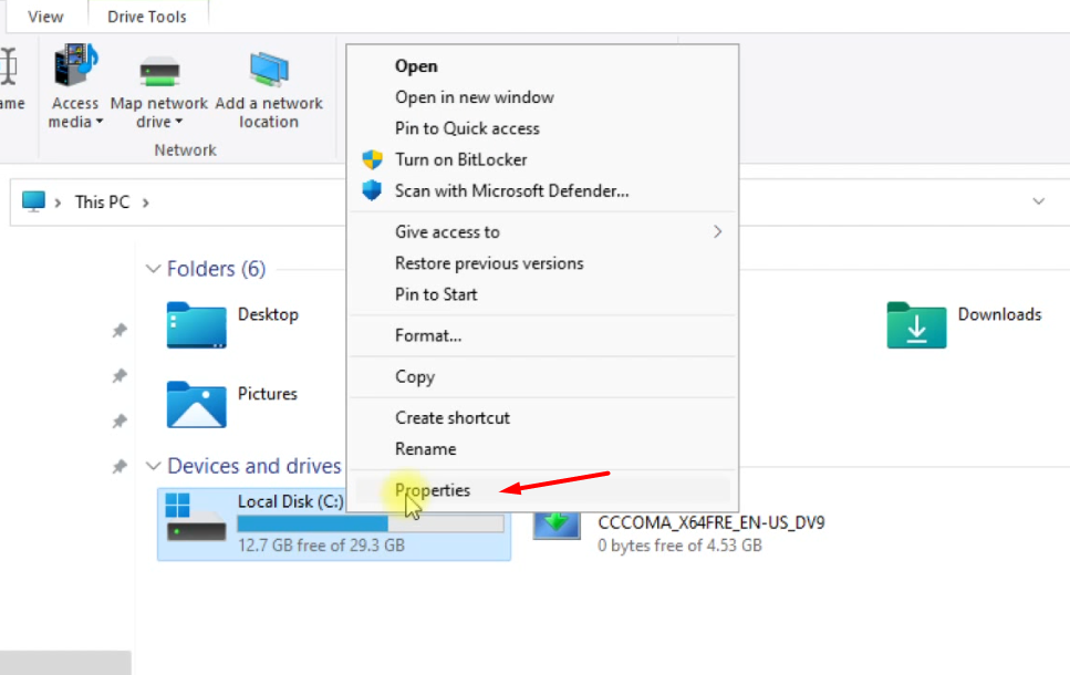Open Properties of C drive in Windows 11