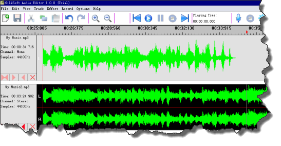 برنامج قص النغمات وعمل مؤثرات للنغمة مميزة كذلك دمج المقاطع الصوتية وكذلك إمكانية التسجيل من المايك أو الحاسوب أو الإثنين معاً GiliSoft Audio Editor 1.2