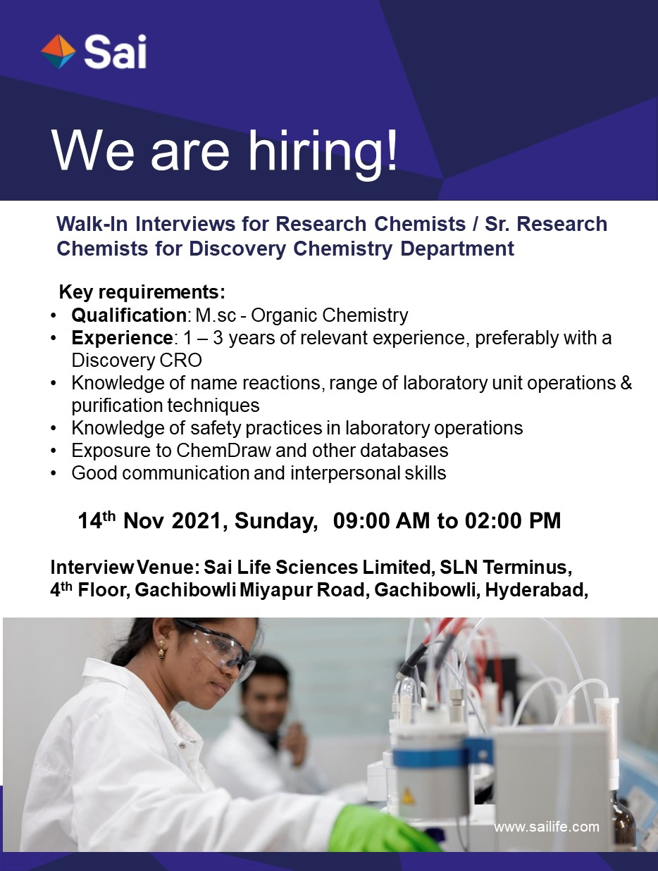 Job Availables,Sai Life Sciences Limited Walk-In-Interview For M.sc - Organic Chemistry