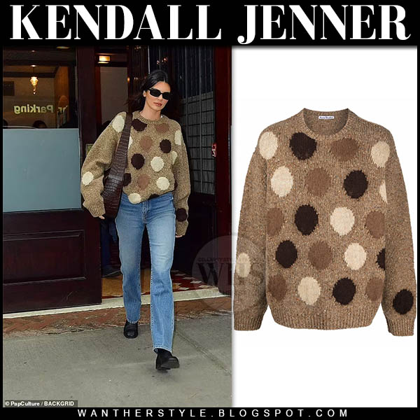 Kendall Jenner in brown polka dot knit sweater and jeans