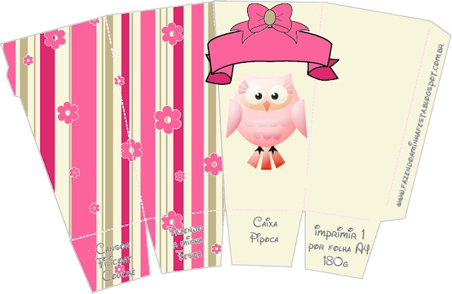 Pink Owl With Flowers and Stripes: Free Printable Boxes for Quinceanera Party.