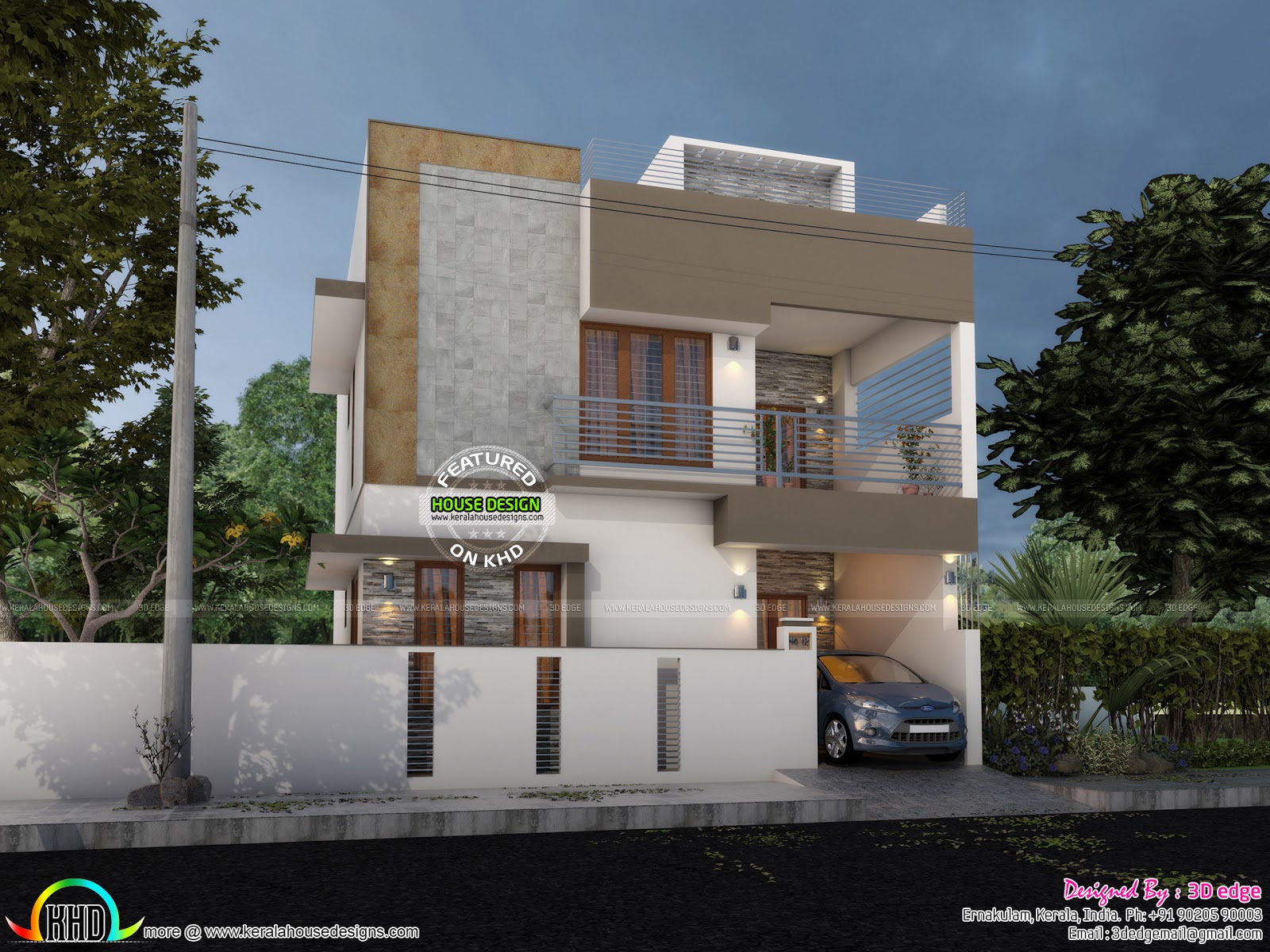  Modern  elevation  with blueprint Kerala home  design and 