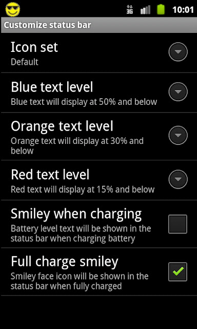 Battery Notifier BT Status Bar customization menu.