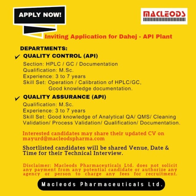 Macleods Pharma | Inviting applications for QC/QA at Dahej | Send CV