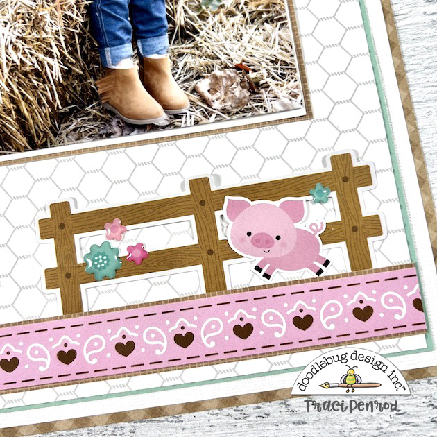 12x12 Country Girl Scrapbook Layout with cute pig & flower stickers