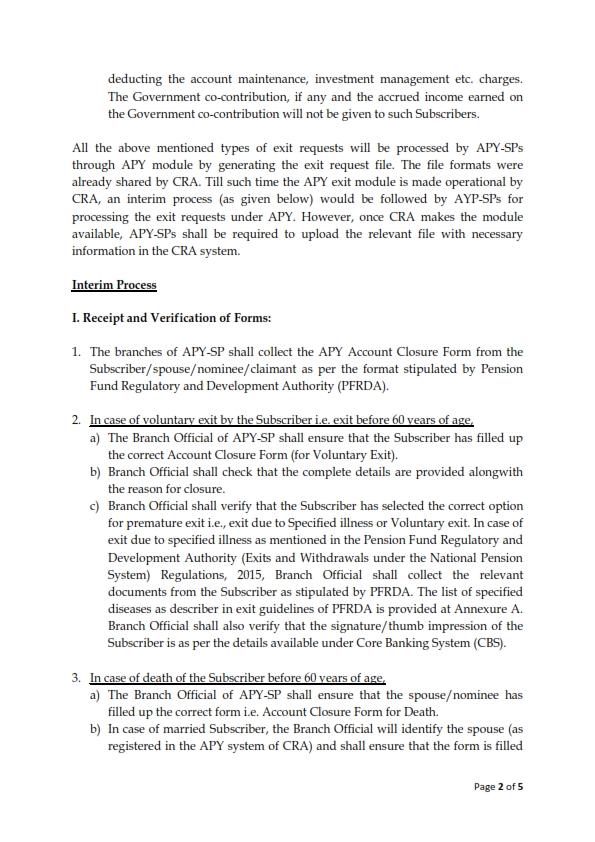 Atal Pension Yojana (APY) - Processing of Premature Exit Request and Forms