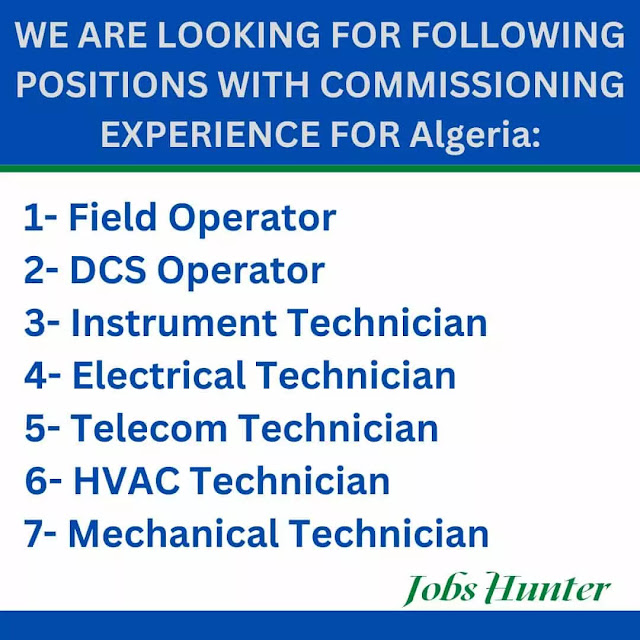 WE ARE LOOKING FOR FOLLOWING POSITIONS WITH COMMISSIONING EXPERIENCE FOR Algeria: