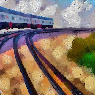 Ein Zug, gemalt in Öl im Stil des Impressionismus, fährt auf zusammenlaufenden Gleisen ins NIrgendwo