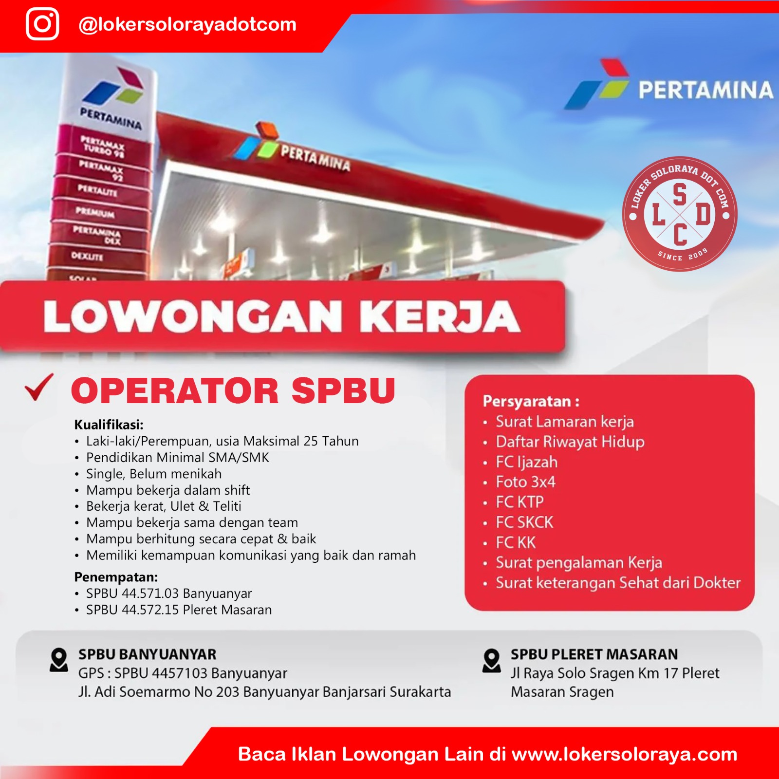 Loker Operator SPBU Banyuanyar dan SPBU Pleret Masaran