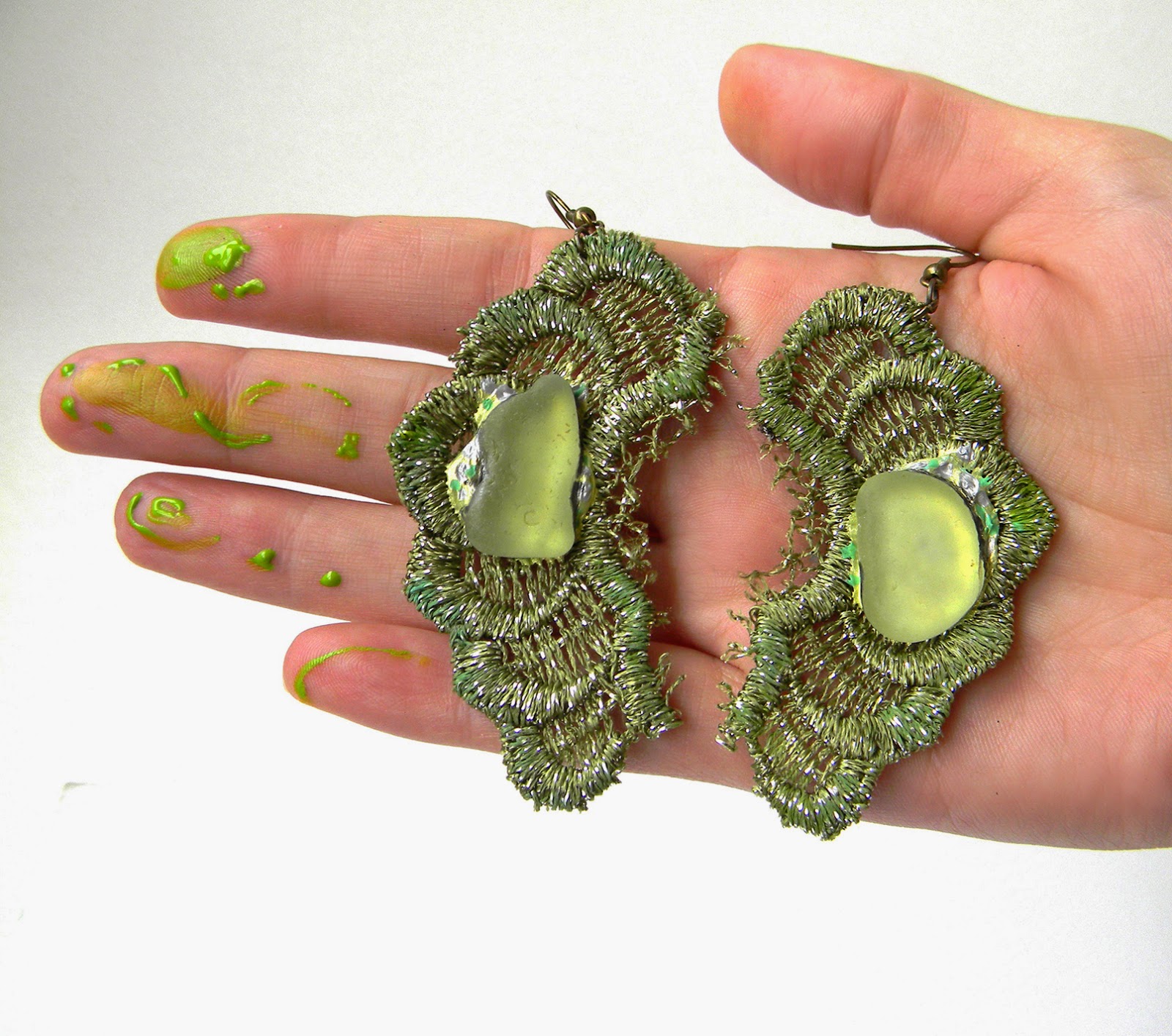 Floral Lace Earrings in Olive Green with Mediterranean Sea Glass