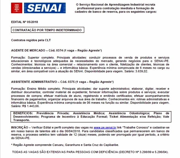 SENAI Santa Cruz abre vagas para Agentes de Mercado e Assistentes Administrativos