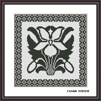 Art Nouveau black flower cross stitch floral embroidery pattern - Tango Stitch