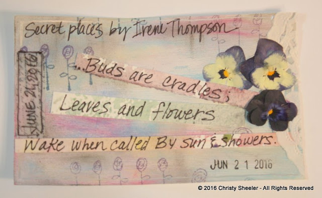 ICAD June 21, pressed violas and excerpts from a poem by Irene Thompson.