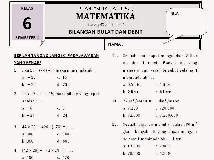 Kelas 6 Soal Matematika Bab 1 Dan 2 Debit Dan Bilangan Bulat