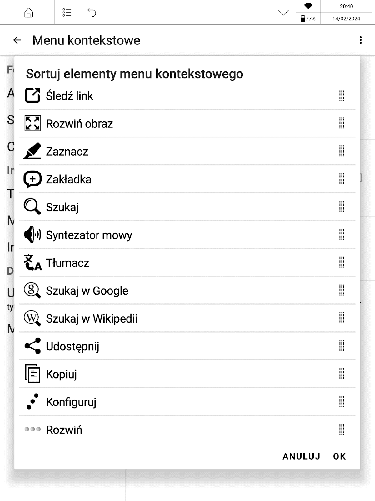 Ustawienia kolejności wyświetlania elementów w menu kontekstowym w aplikacji PocketBook Reader na PocketBook InkPad X Pro