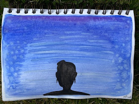 Black silhouette head against blue and purple watercolour background