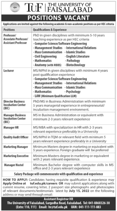 Latest The University of Faisalabad Education Posts Faisalabad 2022