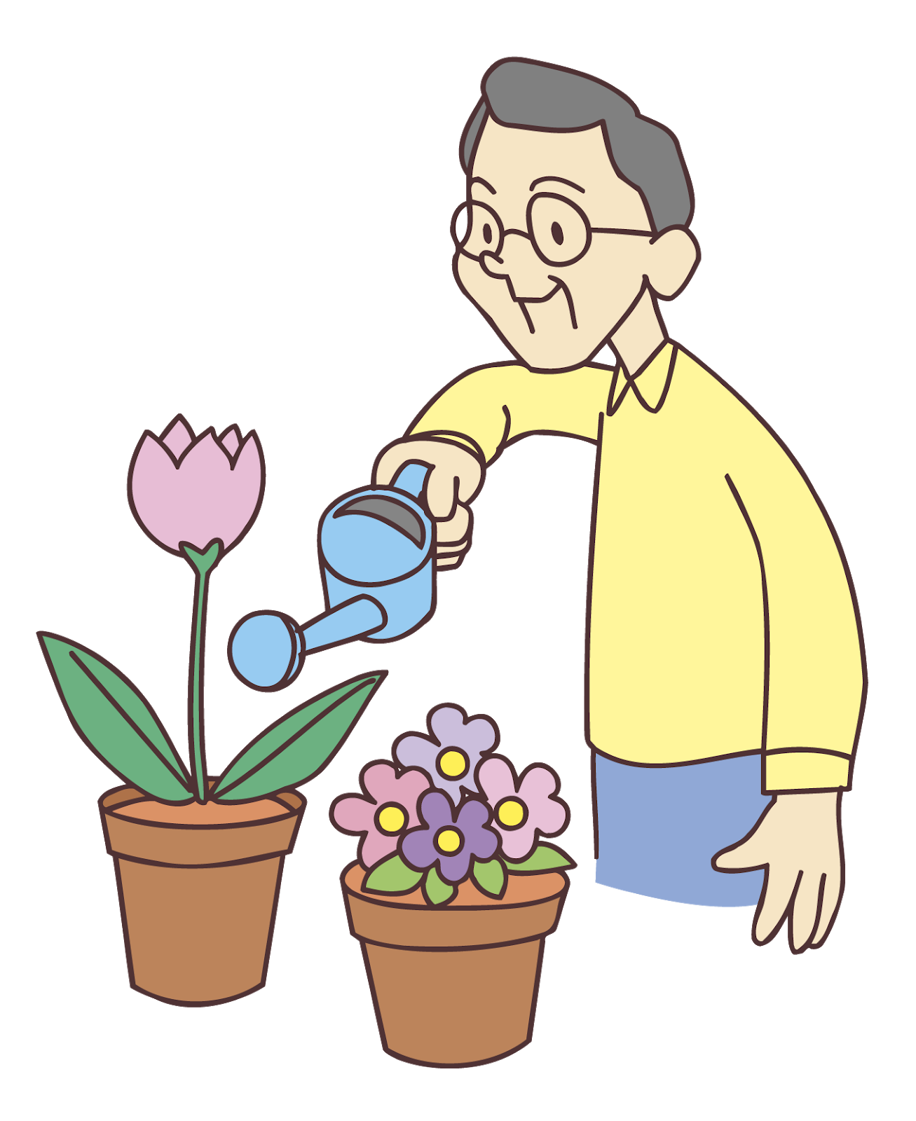 日々のイラスト 鉢花へ水やりをするおじいさんのイラスト 日々のイラスト 鉢花へ水やりをするおじいさんのイラスト