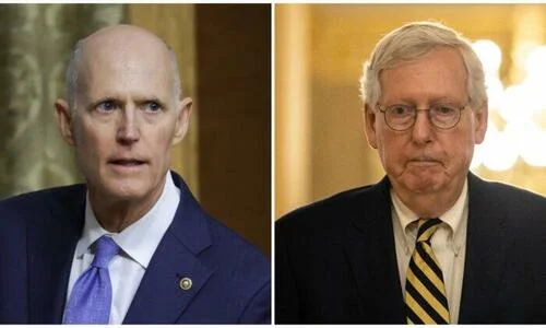 (Left) Sen. Rick Scott (R-Fla.) in Washington on March 30, 2022. (Kevin Dietsch/Getty Images); (Right) Senate Minority Leader Mitch McConnell (R-Ky.) in Washington on Sept. 6, 2022.