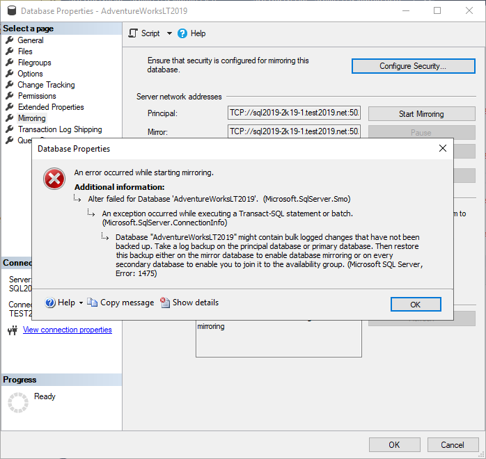 Database might contain bulk logged changes that have not been backed up (Microsoft SQL Server, Error: 1475)