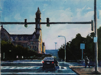 A painting of the intersection of Ellicott and North Division in downtown Buffalo ny.