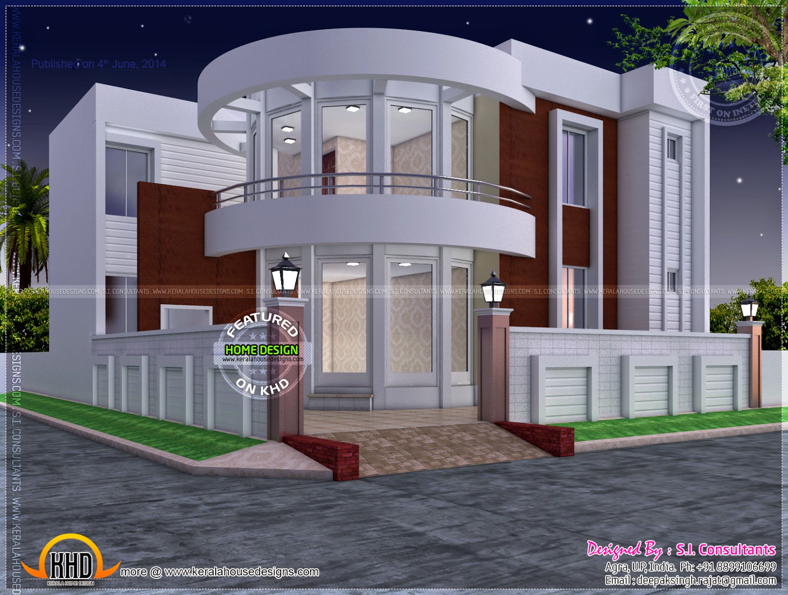 Modern house  plan  with round  design element Kerala home  
